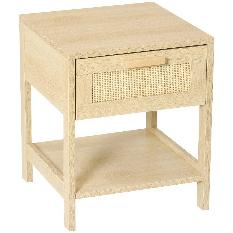 Nightstand with Rattan Drawer and Storage Shelf