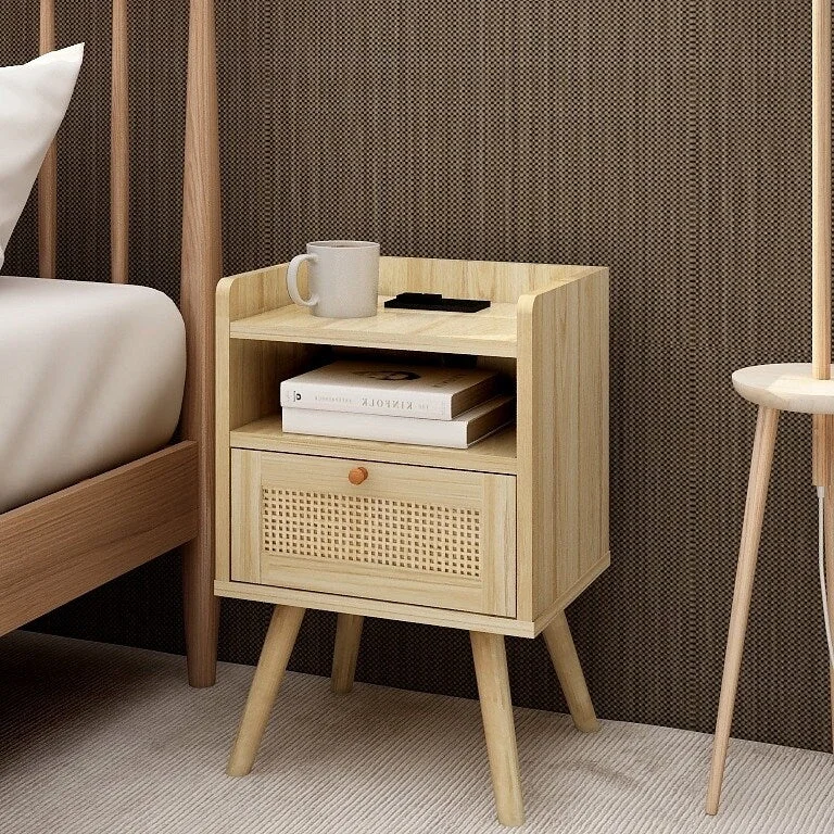 Natural Handmade Rattan Nightstand With 1 Ac Outlet