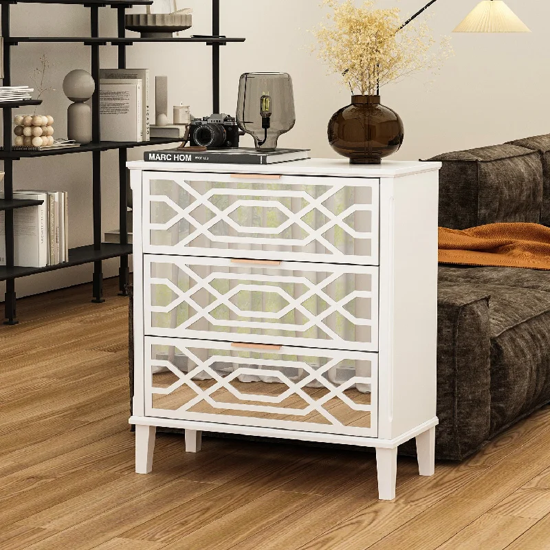 3-Drawer Dresser Chest of 3 Drawers Nightstand with Mirror Functional Organizer Cabinet for Bedroom