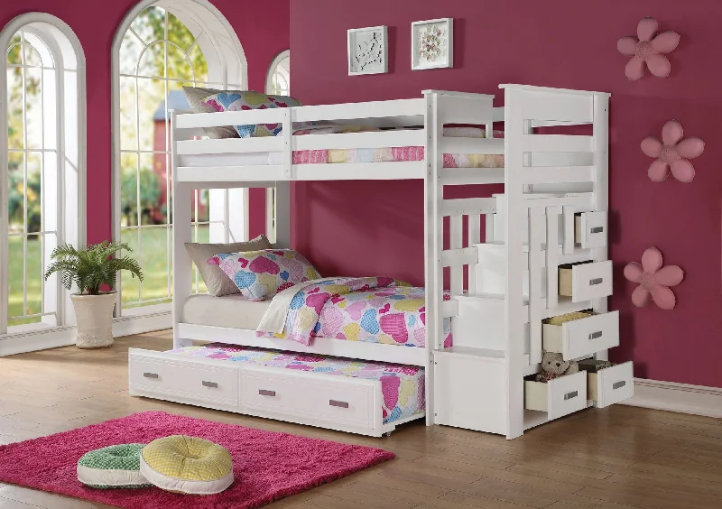 97" X 43" X 68" Twin Over Twin White Storage Ladder And Trundle  Bunk Bed