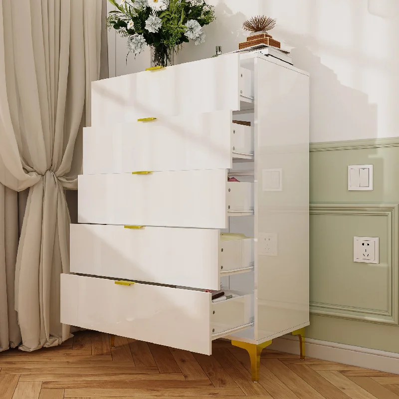 High Gloss 5-Drawer Dresser Freestanding Cabinet with Ample Storage