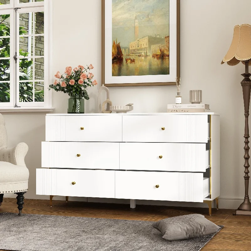 Modern 6-Drawer Sideboard Cabinet with Golden Pulls & Metal Legs - 63" Wide