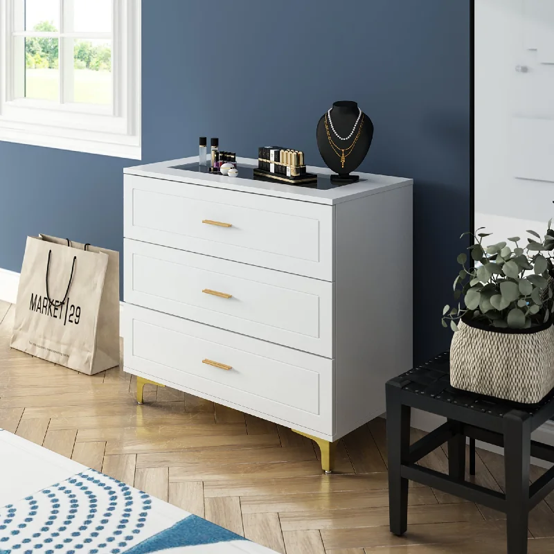 Modern Dresser 3-Drawer Sideboard White Finish Chest with Gold Legs