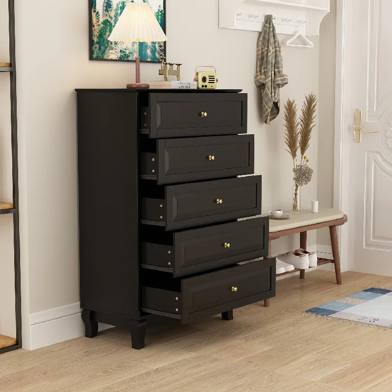 Modern Wood Cabinet Display Table Vertical Black Dresser with 5 Drawers