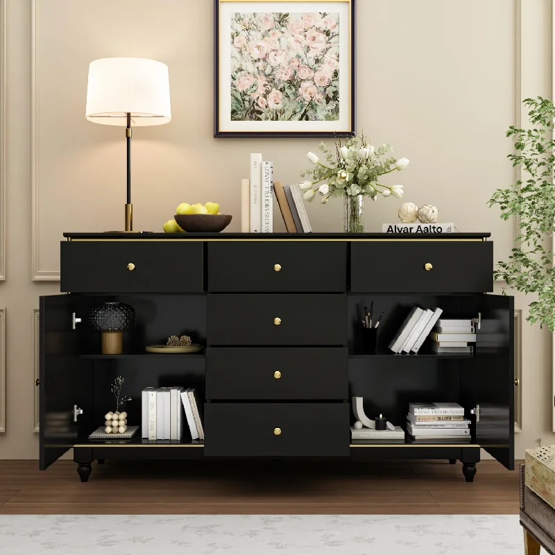 Sideboard Buffet Storage Cupboard Black Finish Cabinet with 6 Drawers & 2 Doors