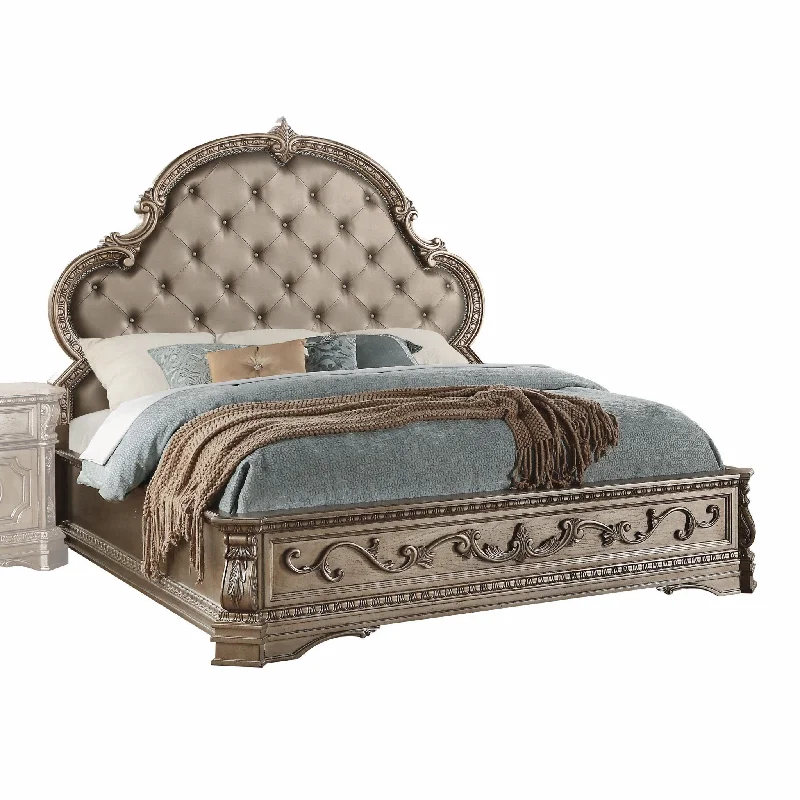 Champagne Solid Wood King Tufted Upholstered Faux Leather Bed Frame with Nailhead Trim