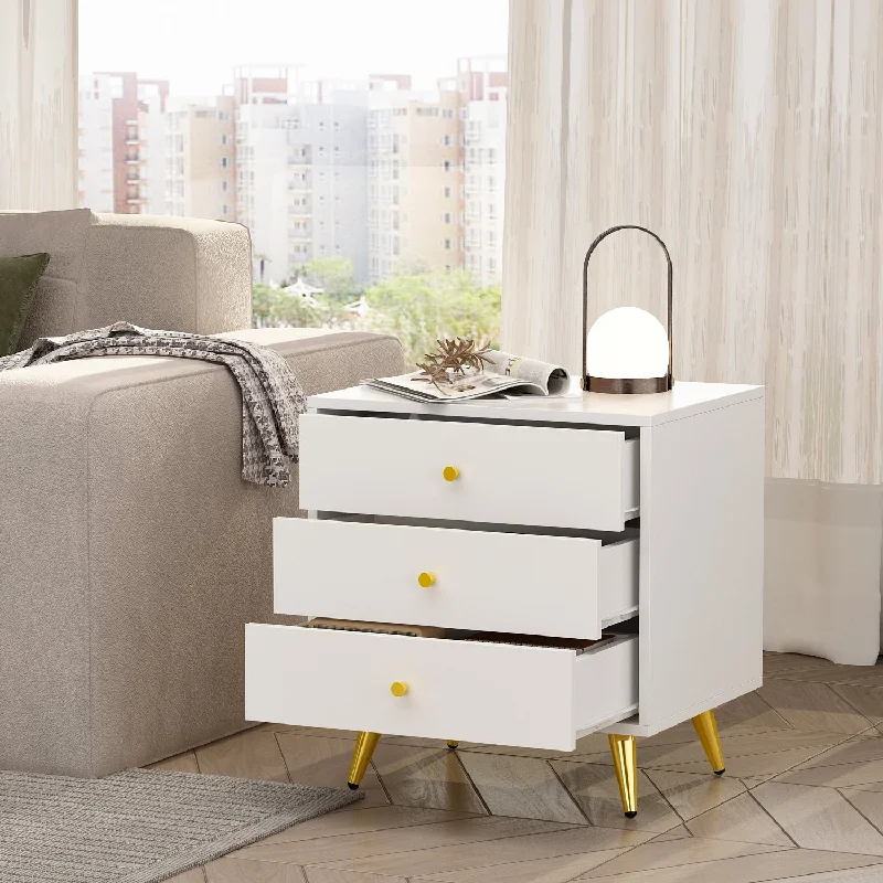 Storage Nightstand Chest 3 Drawers Cabinet in Bedroom with Metal Parts