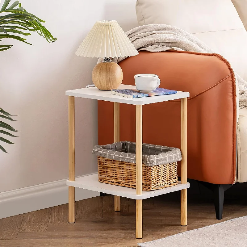 2 Tier End Table, Boho Side Table With Storage Shelf, Nightstand Bedside Table