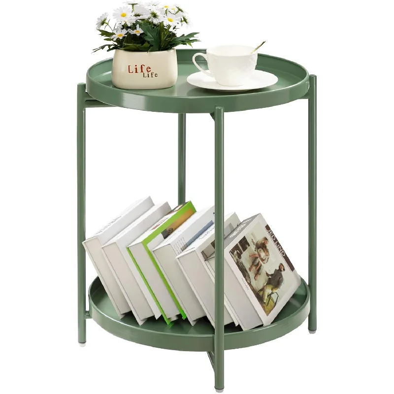 2 Tier Green Side Table, Folding Round Metal End Table Small Nightstand Accent