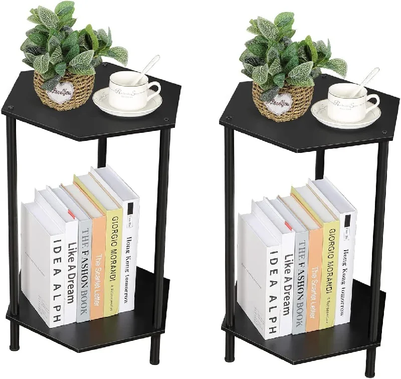 2Pcs Hexagonal Side Table W/Sturdy Metal Frame, Black Nightstand For Living Room