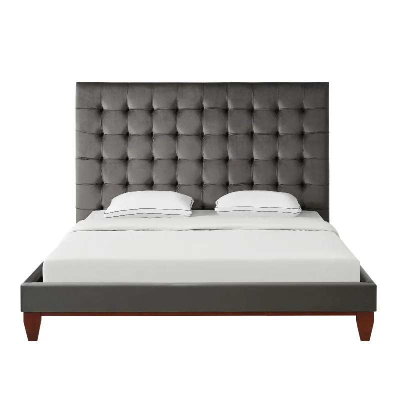 Navy Blue Solid Wood King Tufted Upholstered Velvet Bed