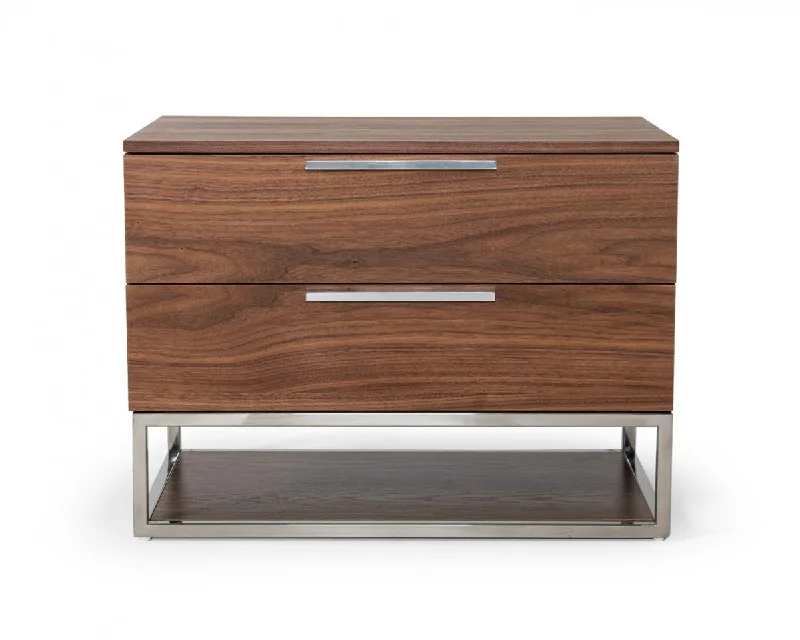 Contemporary Walnut and Stainless Steel Nightstand with Two Drawers