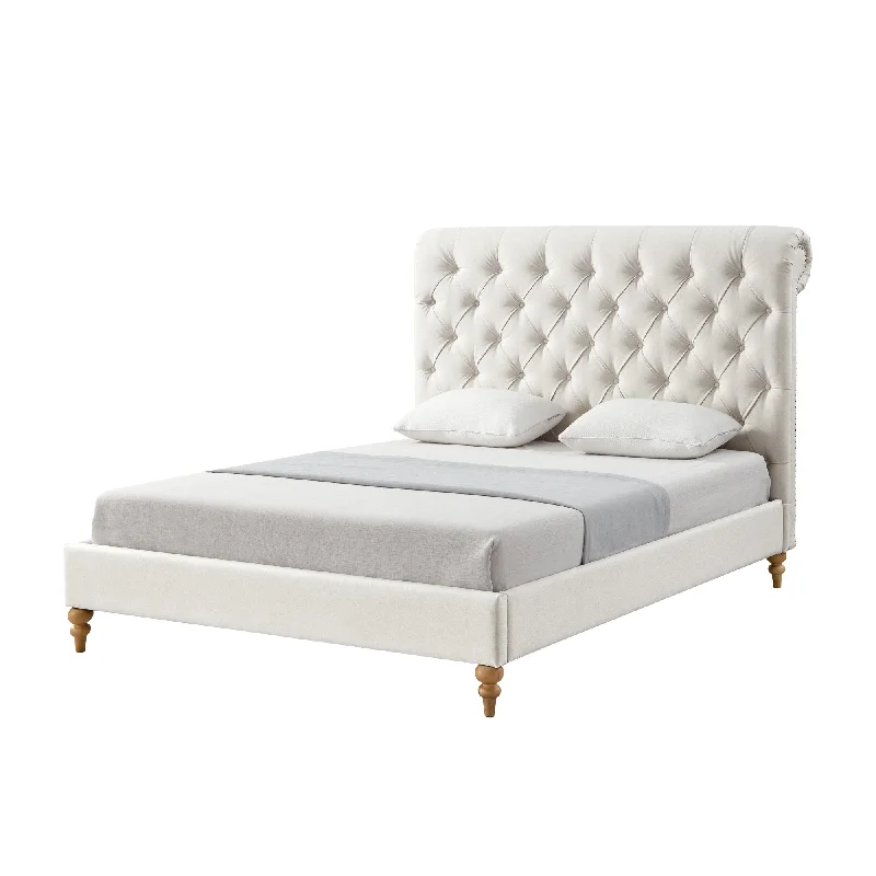 Cream Solid Wood King Tufted Upholstered Linen Bed with Nailhead Trim