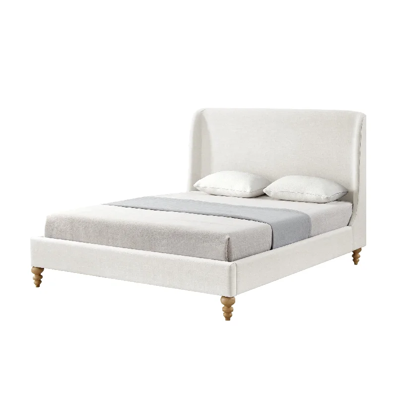 Cream Solid Wood King Upholstered Linen Bed