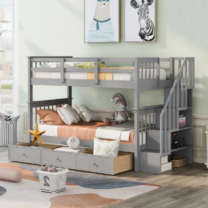 Gray Twin Over Twin Bunk Bed with Stairway and Drawers