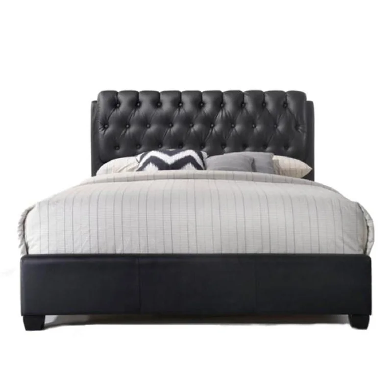 Queen Tufted Black Upholstered Faux Leather Bed With Nailhead Trim