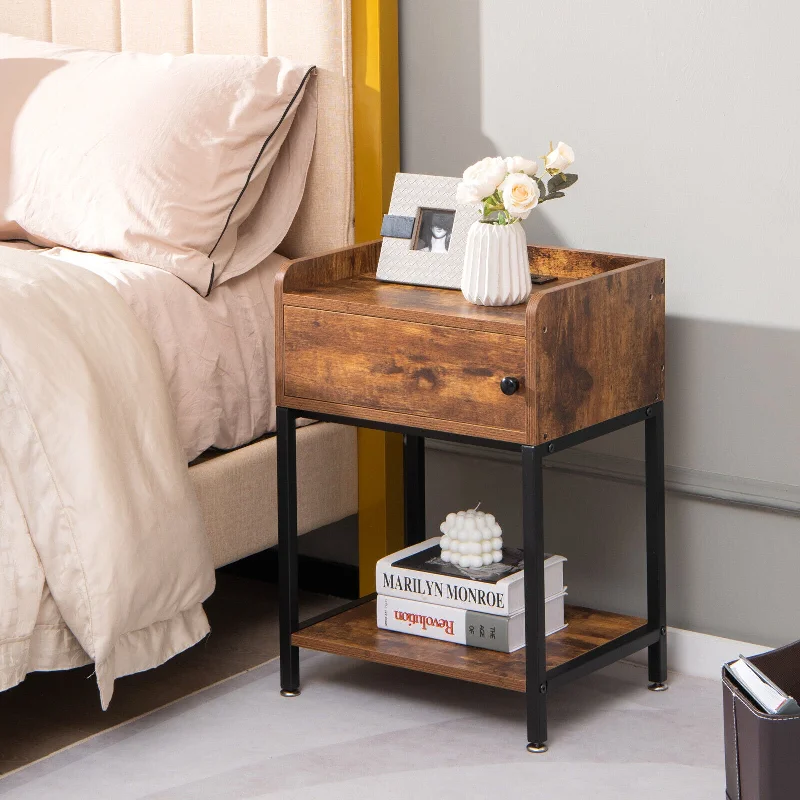 Nightstand End Table w/ Charging Station & 2 Power Outlets & 2 USB Ports