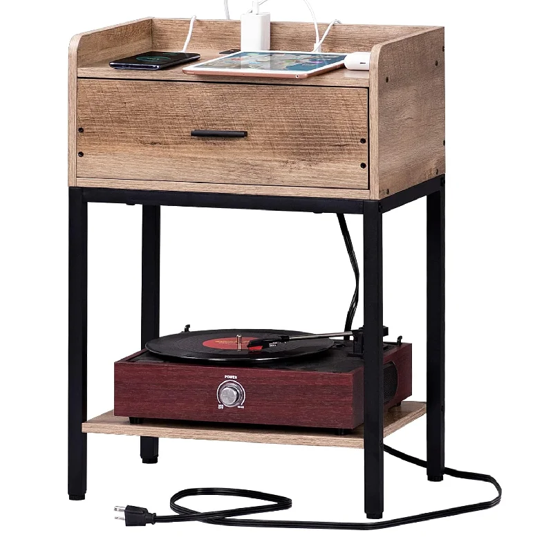 Nightstand With Charging Station And Usb Ports, 3-Tier End Side Table With Sto