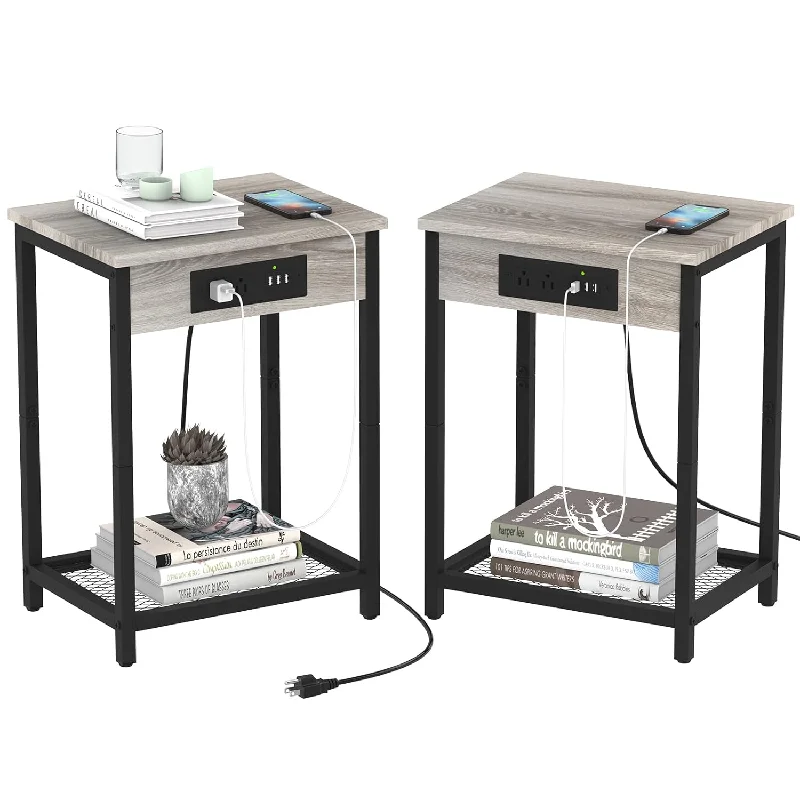 Nightstand With Charging Station Set Of 2 End Table With Usb Ports And Power O