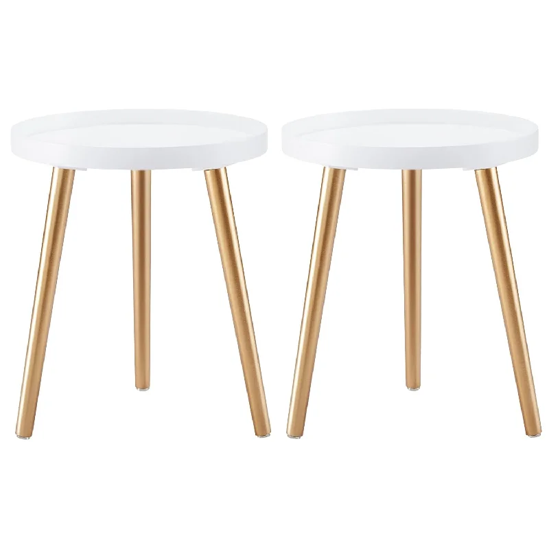 Round Side Table Set Of 2, White Gold Tray Nightstand Sofa Coffee Table End Ta