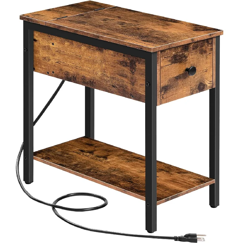 Side Table With Charging Station, Narrow Nightstand With Drawer & Usb Ports &