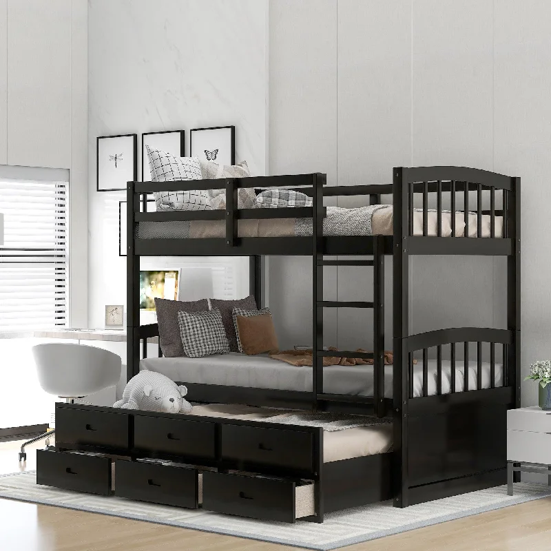 Twin over Twin Wood Bunk Bed Trundle Drawers Espresso