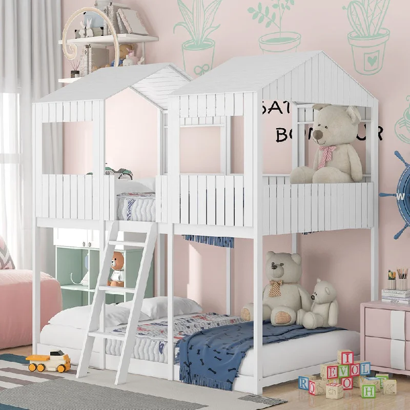 White Twin Contemporary Manufactured Wood + Solid Wood Bunk Bed