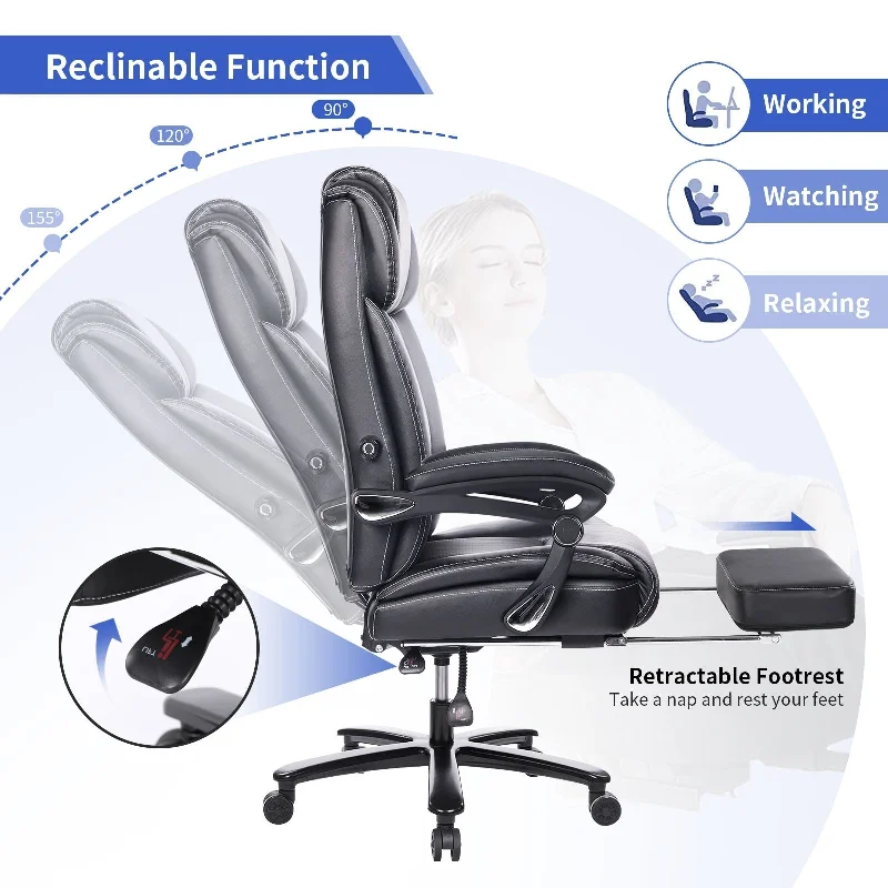 High Back Leather Executive Chair Tall Computer Gaming Chair with Footrest, Adjustable Lumbar Support and Heavy Duty Metal Base