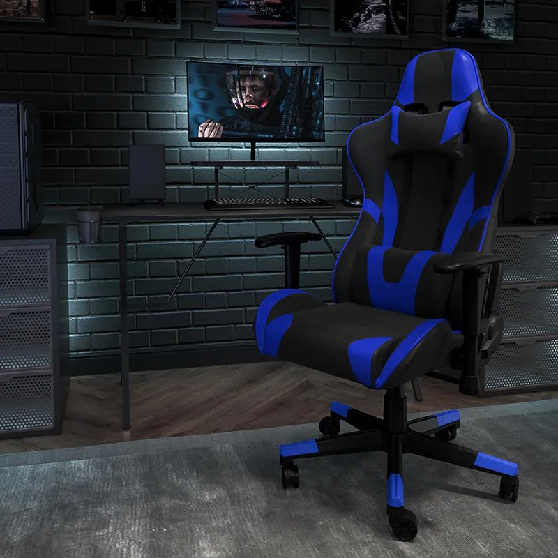 X30 Gaming Chair Racing Office Ergonomic Computer Chair With Reclining Back And Slide-Out Footrest In Blue Leathersoft By Flash Furniture