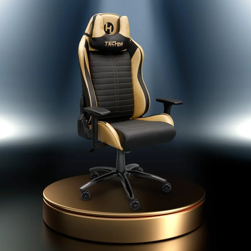 Ergonomic High Back Racer Style PC Gaming Chair, with Gold color accents, Soft Lumbar and Neck Pillows Included