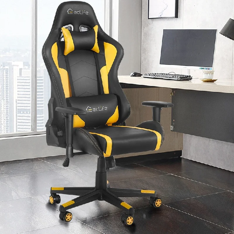 Ergonomic Racing Gaming Chair, Adjustble Armrest and Retrace-able Footrest for Working, Studying and Gaming, Yellow 56