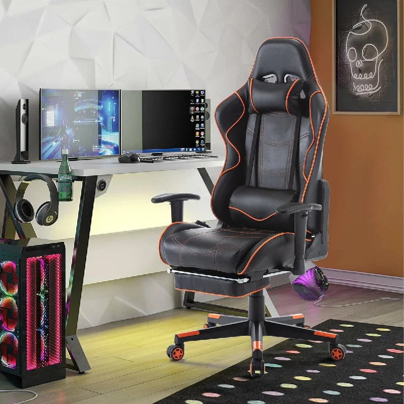 Leather Reclining Swivel Racing Office Computer Gaming Chair with Footres and Lumbar Support