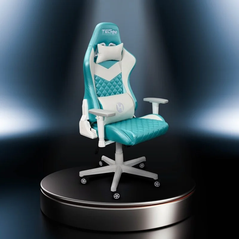 Ergonomic High Back Aqua Blue Color Gaming Chair, Soft Lumbar and Neck Pillows Included,High Quality PU Adjustable Chair