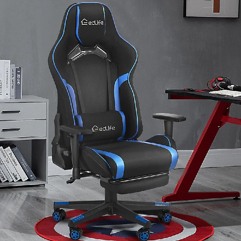 Ergonomically Racing Gaming Chair, Adjustble Armrest and Retrace-able Footrest for Working, Studying and Gaming, Blue 49