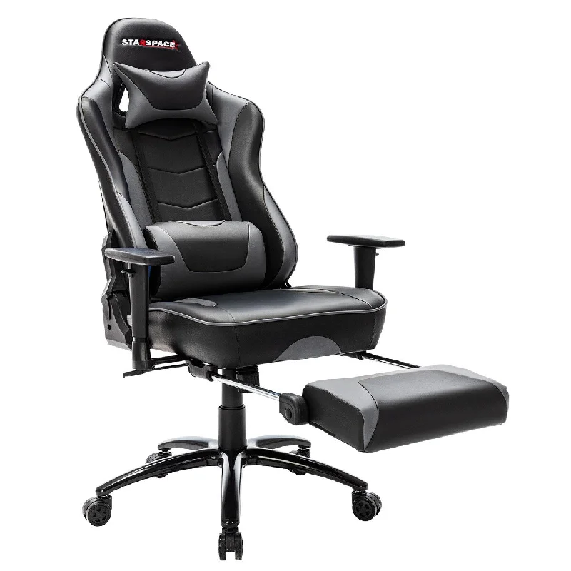 Gaming Chair with Footrest, High-Back Swivel Metal Base Adjustable Height Tilt Angle Arms Ergonomic Racing Style Grey