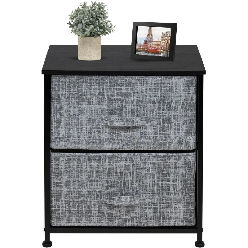 2 Drawer Nightstand Dresser Organizer Steel Frame Wood Top Fabric Bins