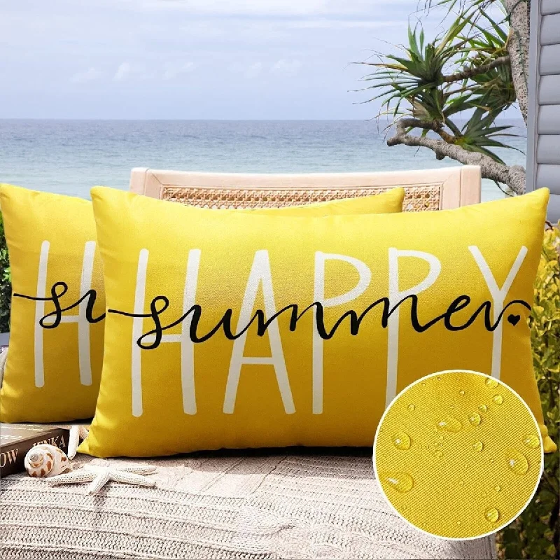 2Pcs Happy Summer Waterproof Pillow Covers 12x20 - Yellow