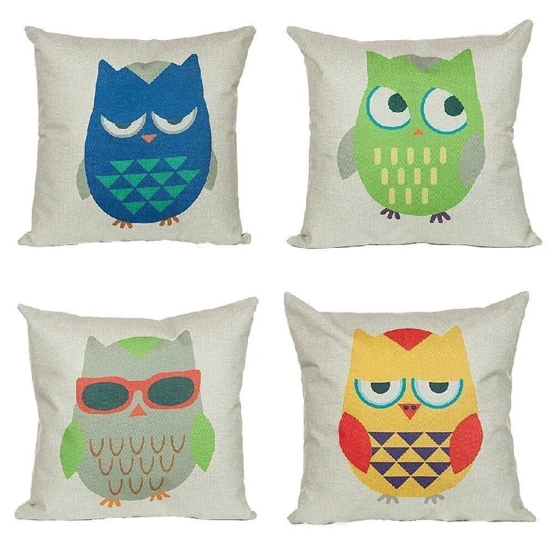 Cotton Linen Pillow Case Cartoon Owl 18 x 18 Set of 4 - Blue/Green/Yellow