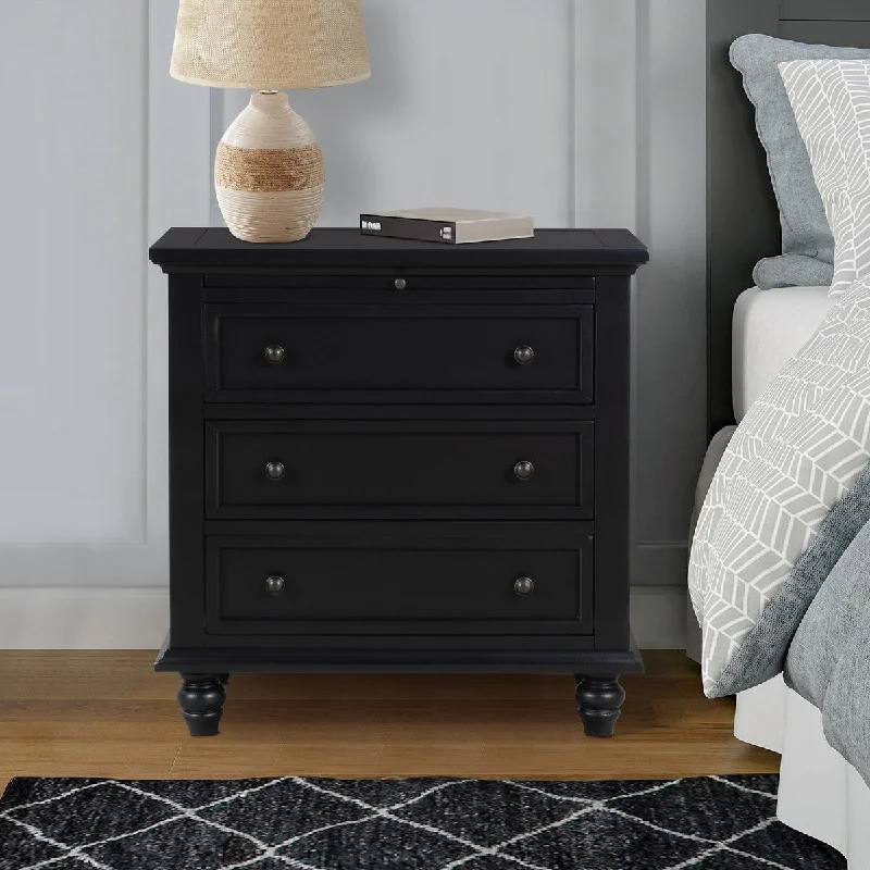 Enid 28 Inch Nightstand Dresser Table, 3 Drawers, Tray Top, Black Pine Wood