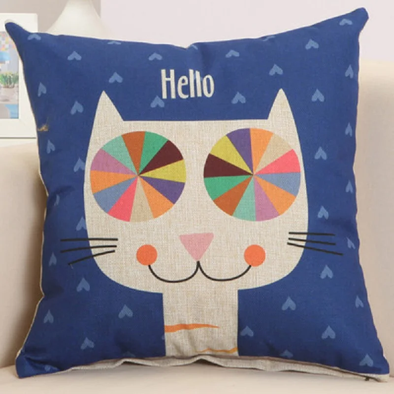 Hello Cat Blue Cotton 17.5-inch Decorative Nursery Pillow