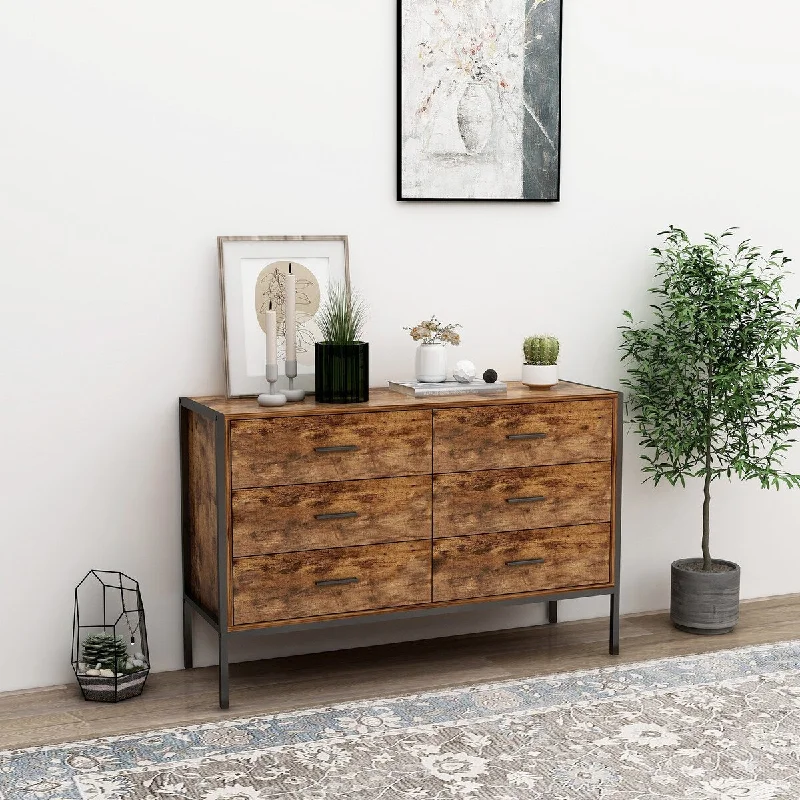 Industrial Style 6 Drawer Double Dresser,Rustic Brown Wood Storage Dresser