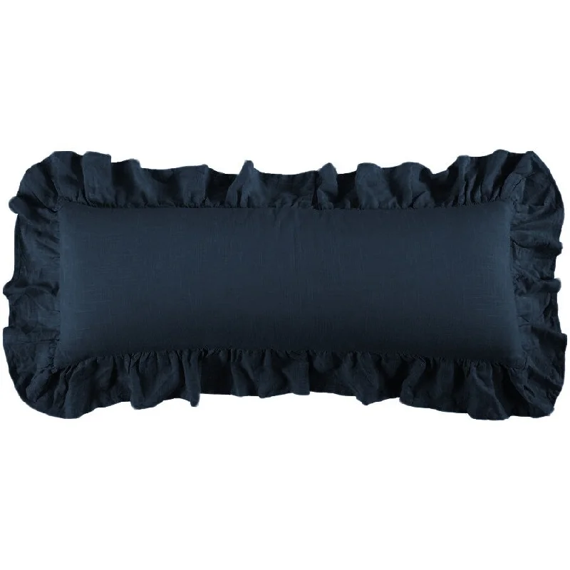 Luna Washed Linen Ruffled Lumbar Pillow, 14" x 36" - Navy