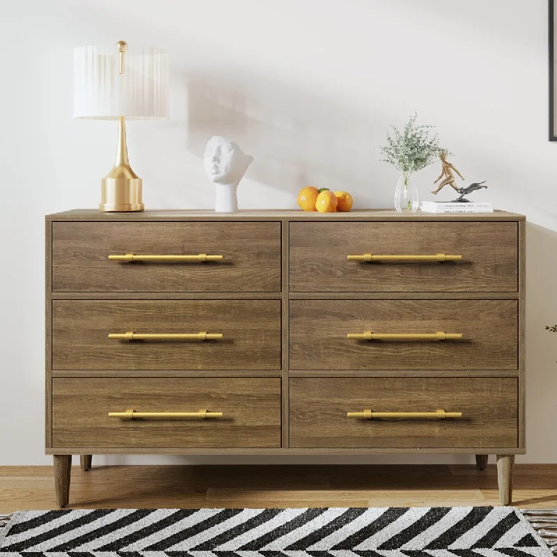 Mid-Century Modern Dresser Nightstand With Golden Handles, Six-Drawer, Natural Walnut, Enormous Storage Spaces