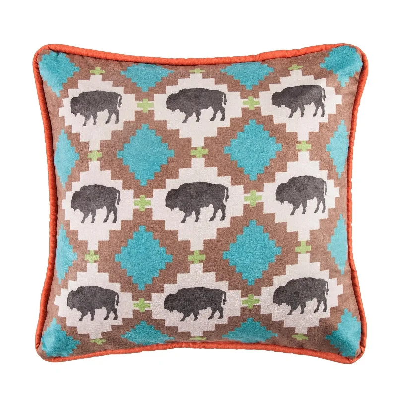 Multi Buffalo Design Pillow with Embroidery Details, 18x18