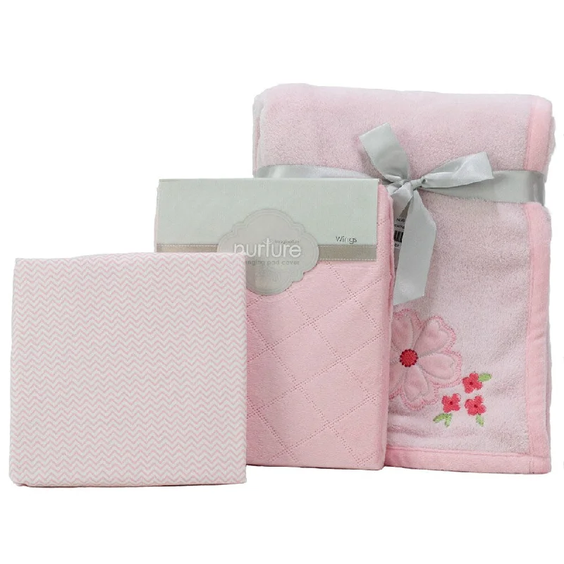 Nurture Pink Floral Nursery Plush Blanket, Changing Pad Cover and Chevron Crib Sheet Set