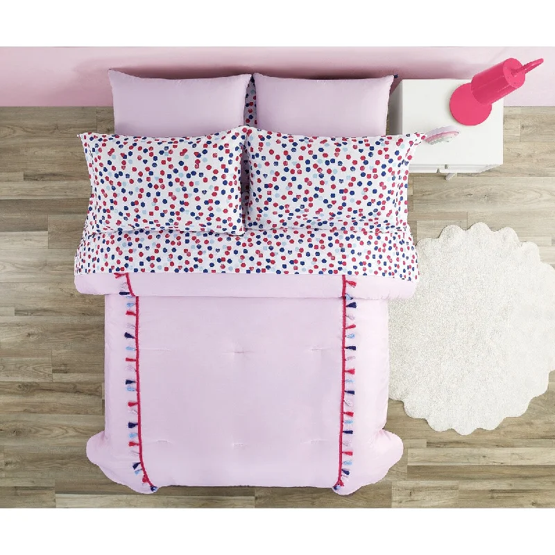 Pink Tassel Fringe and Polka Dots Comforter Set