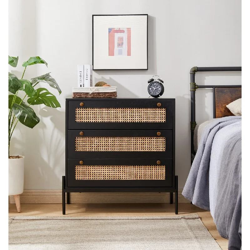 Rattan Storage Cabinet with 3 Large Drawers,Wooden Nightstand Drawer Dresser,30×15.8×30 Inches