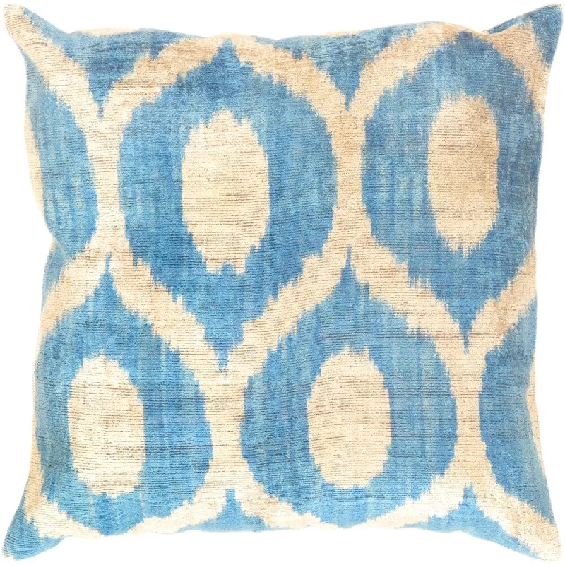 Silk Velvet Ikat Silver/Blue Pillow (20" X 20") - Ivory