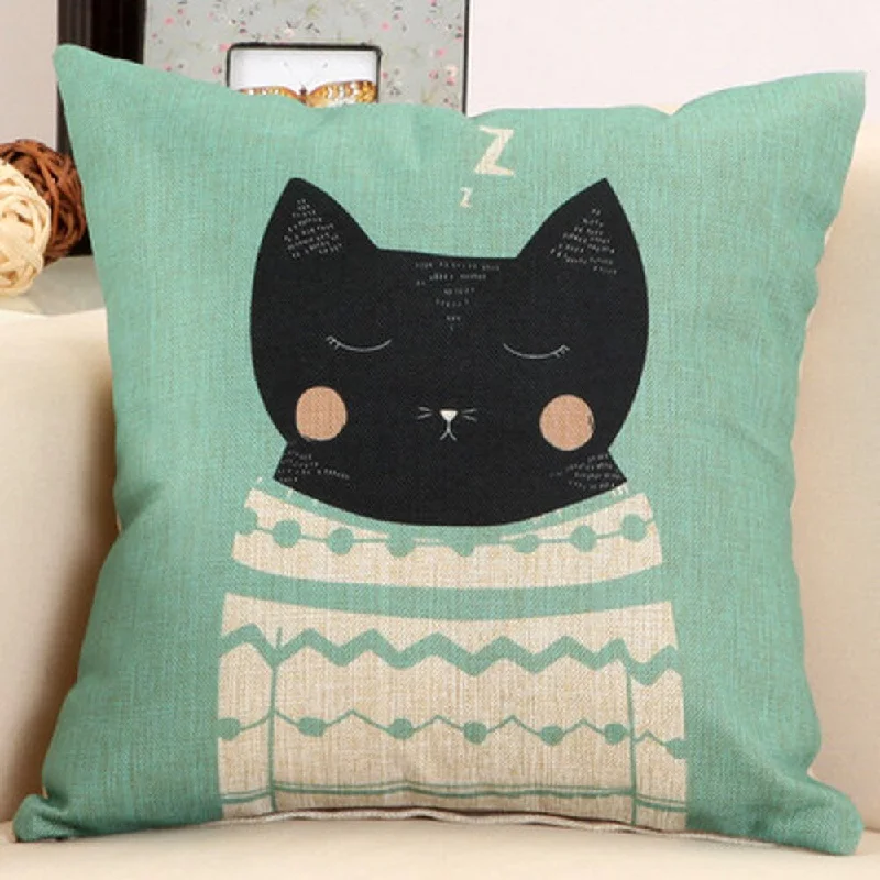 Sleepy Cat Blue and Black Cotton 17.5-inch Decorative Nursery Pillow