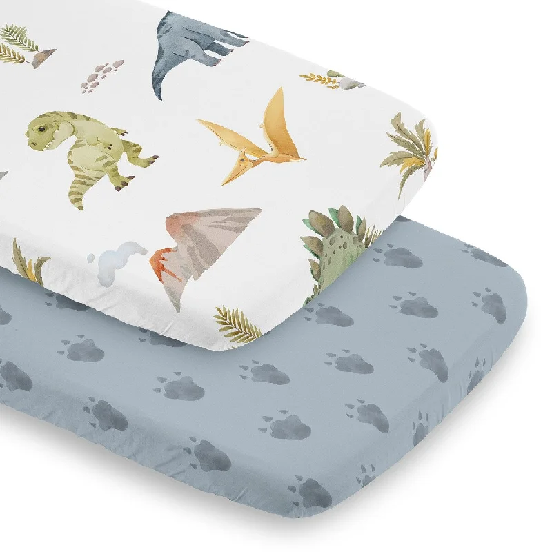 Sweet Jojo Designs Watercolor Dinosaur Dino Boy 2 Pack Baby Bassinet Fitted Sheets Blue Tracks Footprint Modern Dinosaurs Animal